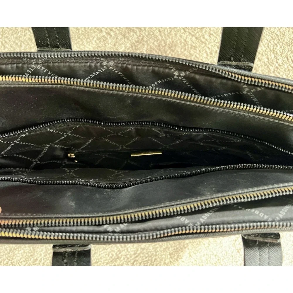Steve Madden Black Quilted Laptop Work Satchel Bag Zip Detachable Strap Spacious